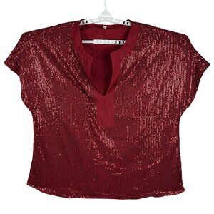 Womens Burgundy Sequin Top 3XL Short Sleeve V-Neck Pull-On Sparkle Blouse